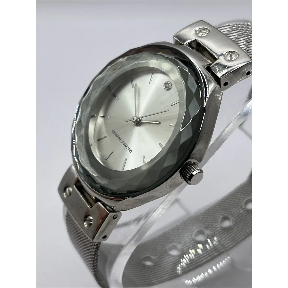 Women's Quartz Watch Silver Tone Mesh‎ Metal Band Diamond Accent- New Battery